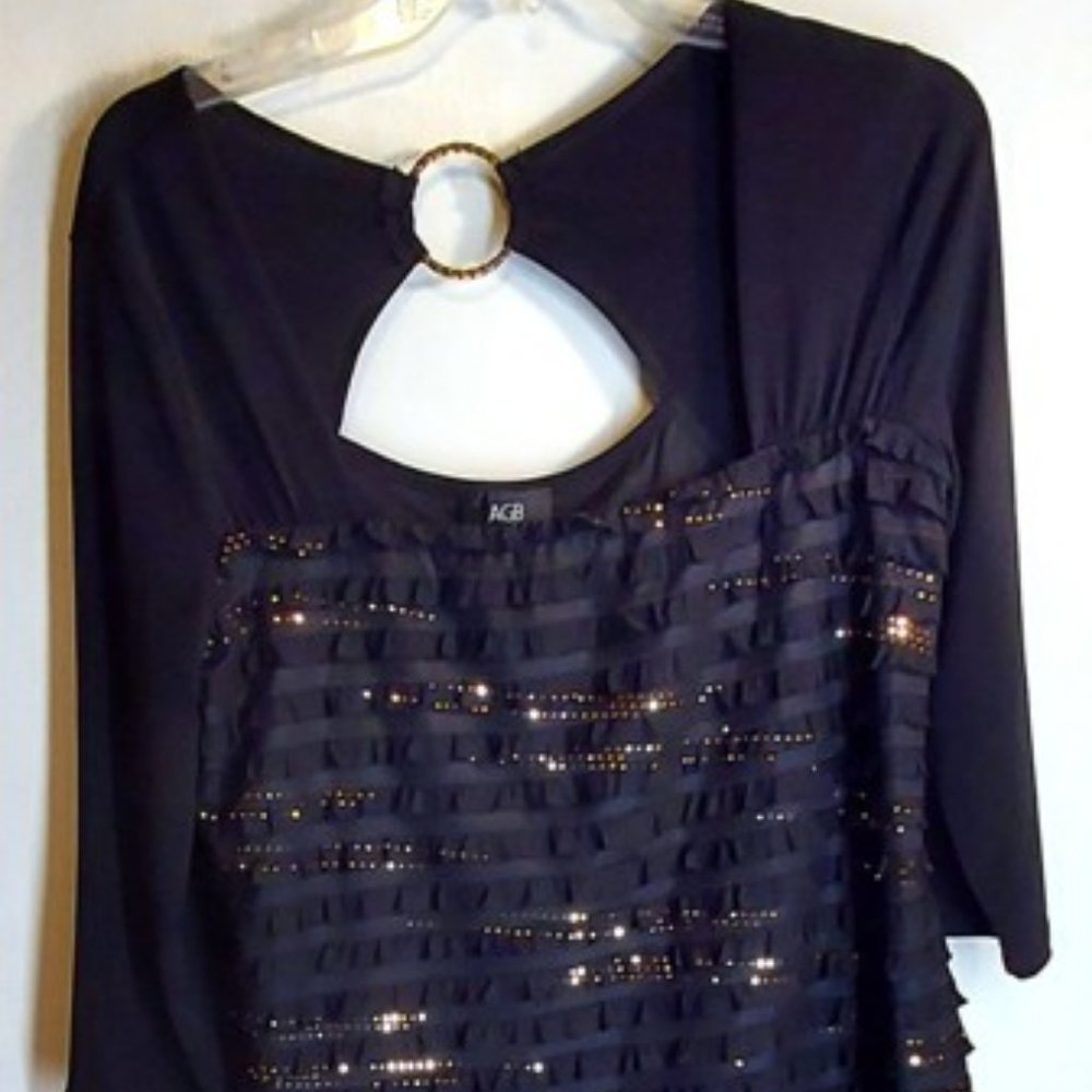 AGB Womans Black and gold Dressy Blouse Sparkle/ Party sz L Key Hole Gold Ring